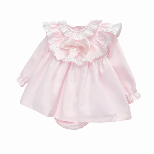 Baby Girls Pale Pink Ruffle Bow Dress and Pants Set