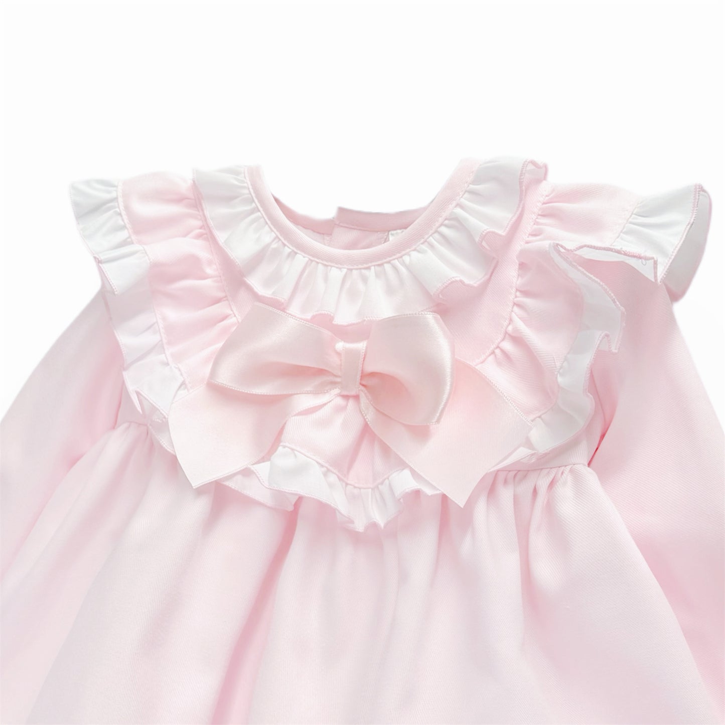 Pale pink baby dress layered ruffle and bow detail