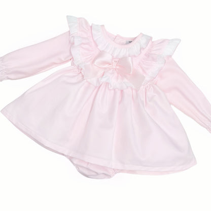 Baby girls pale pink ruffle dress and matching pants, alternate view