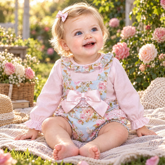 Baby Girls Pink Floral Frill Back Romper & Shirt Set