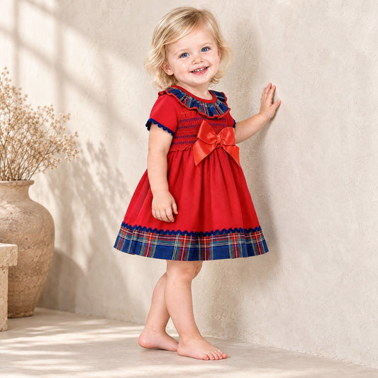 Baby Girls Red Smocked Tartan Trim Dress and Pants Set