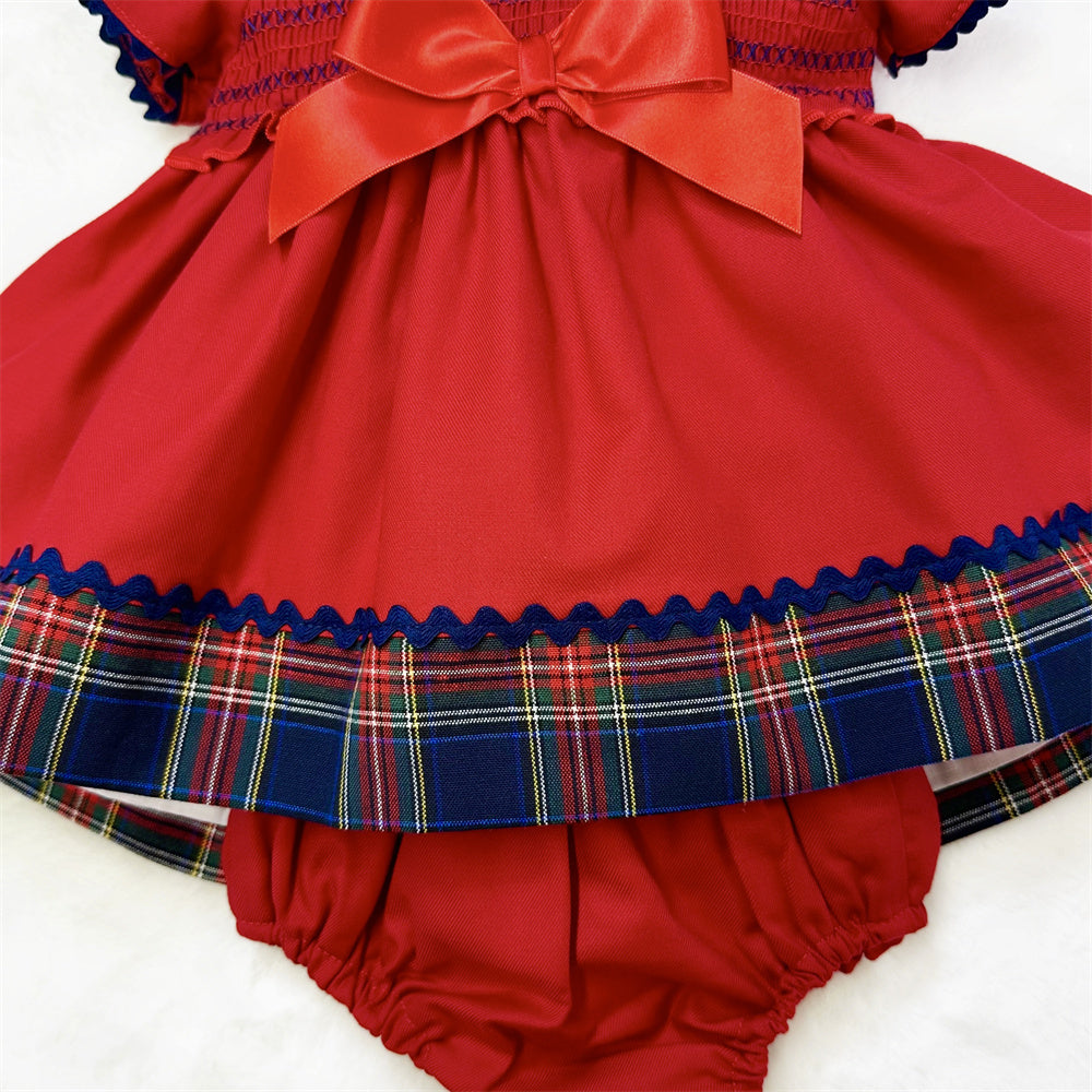 Tartan hem panel and navy ricrac above the matching red pants