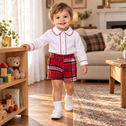 White Piped Shirt and Red Tartan Baby Shorts Set