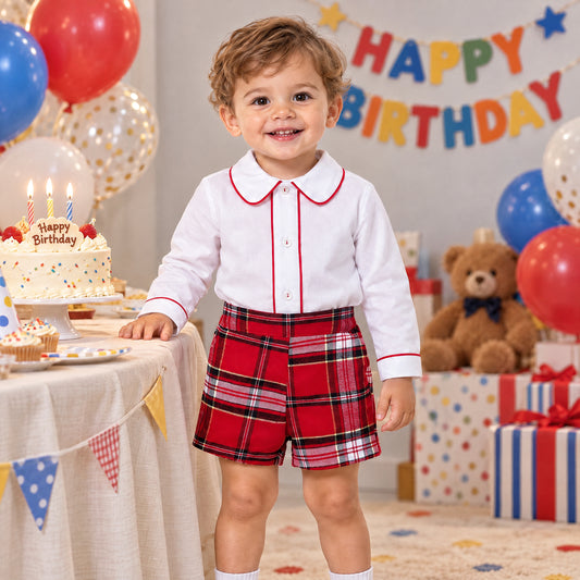 White Piped Shirt and Red Tartan Baby Shorts Set