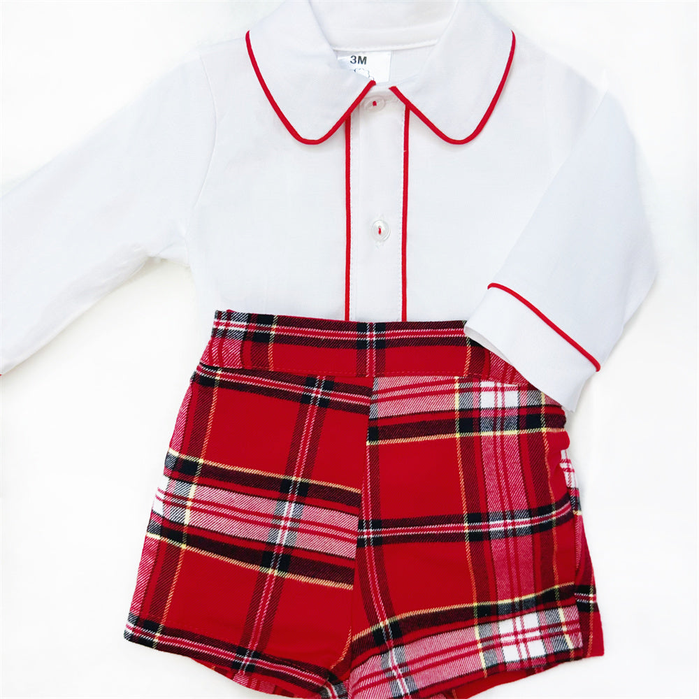 White Piped Shirt and Red Tartan Baby Shorts Set