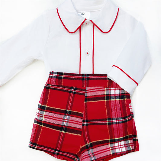 White Piped Shirt and Red Tartan Baby Shorts Set