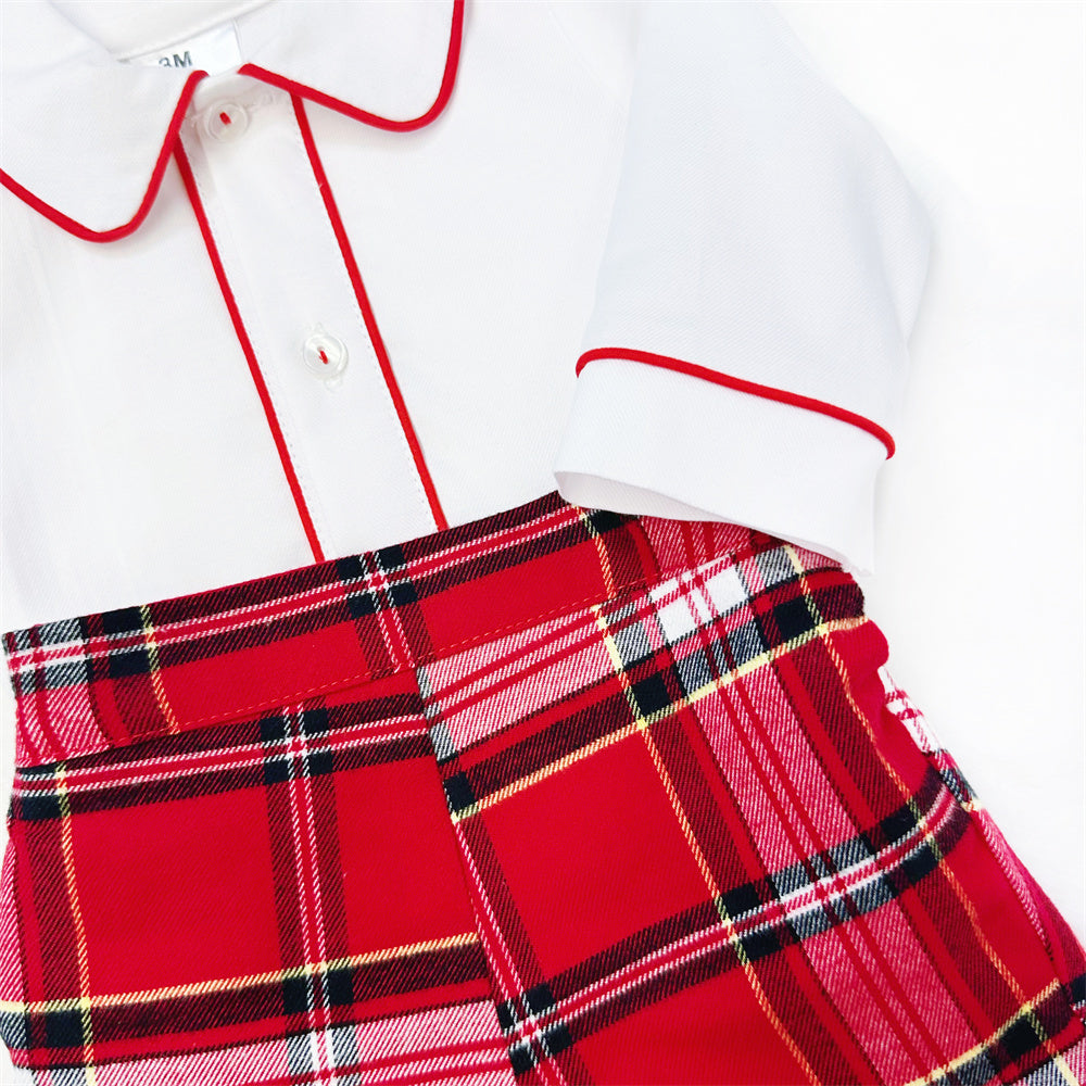White Piped Shirt and Red Tartan Baby Shorts Set