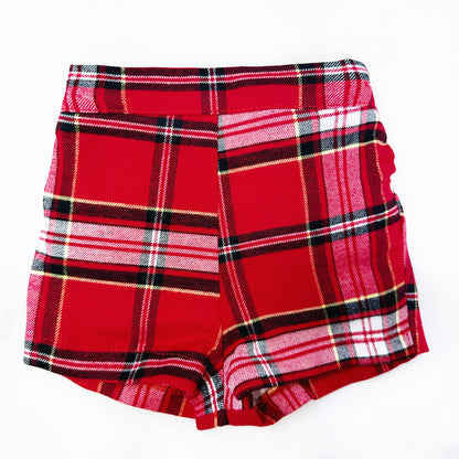White Piped Shirt and Red Tartan Baby Shorts Set