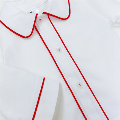 White Piped Shirt and Red Tartan Baby Shorts Set