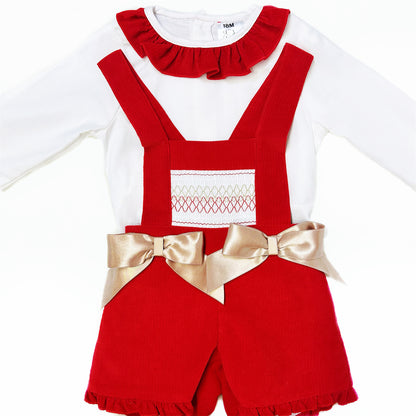 Baby Girls Red Smocked Dungaree Shorts and Blouse