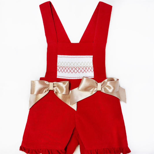 Baby Girls Red Smocked Dungaree Shorts and Blouse