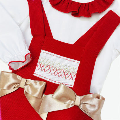 Baby Girls Red Smocked Dungaree Shorts and Blouse