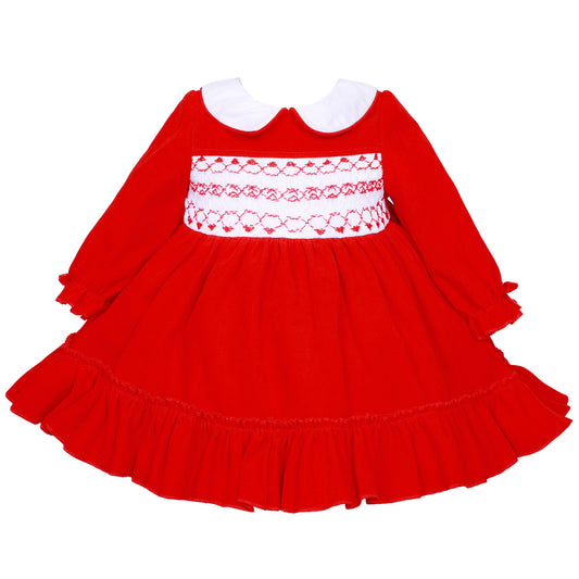 Girls Red Smocked Dress with Frilled Hem