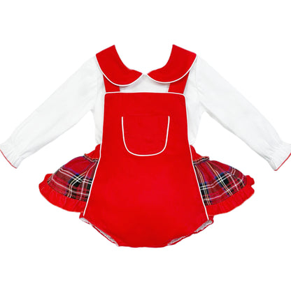 Baby Girls Red Tartan Frill Brace Pants and Shirt Set