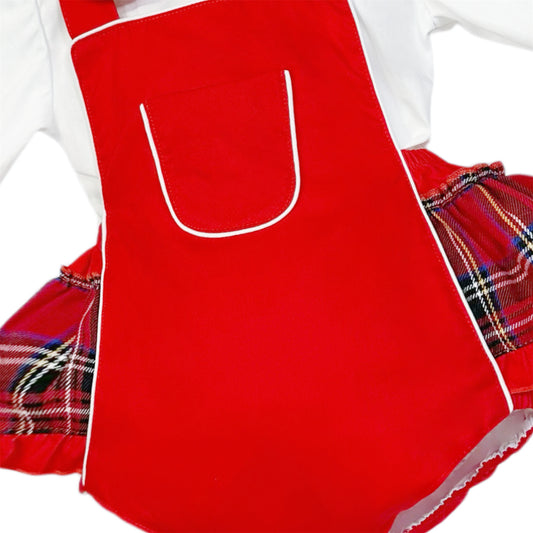 Baby Girls Red Tartan Frill Brace Pants and Shirt Set