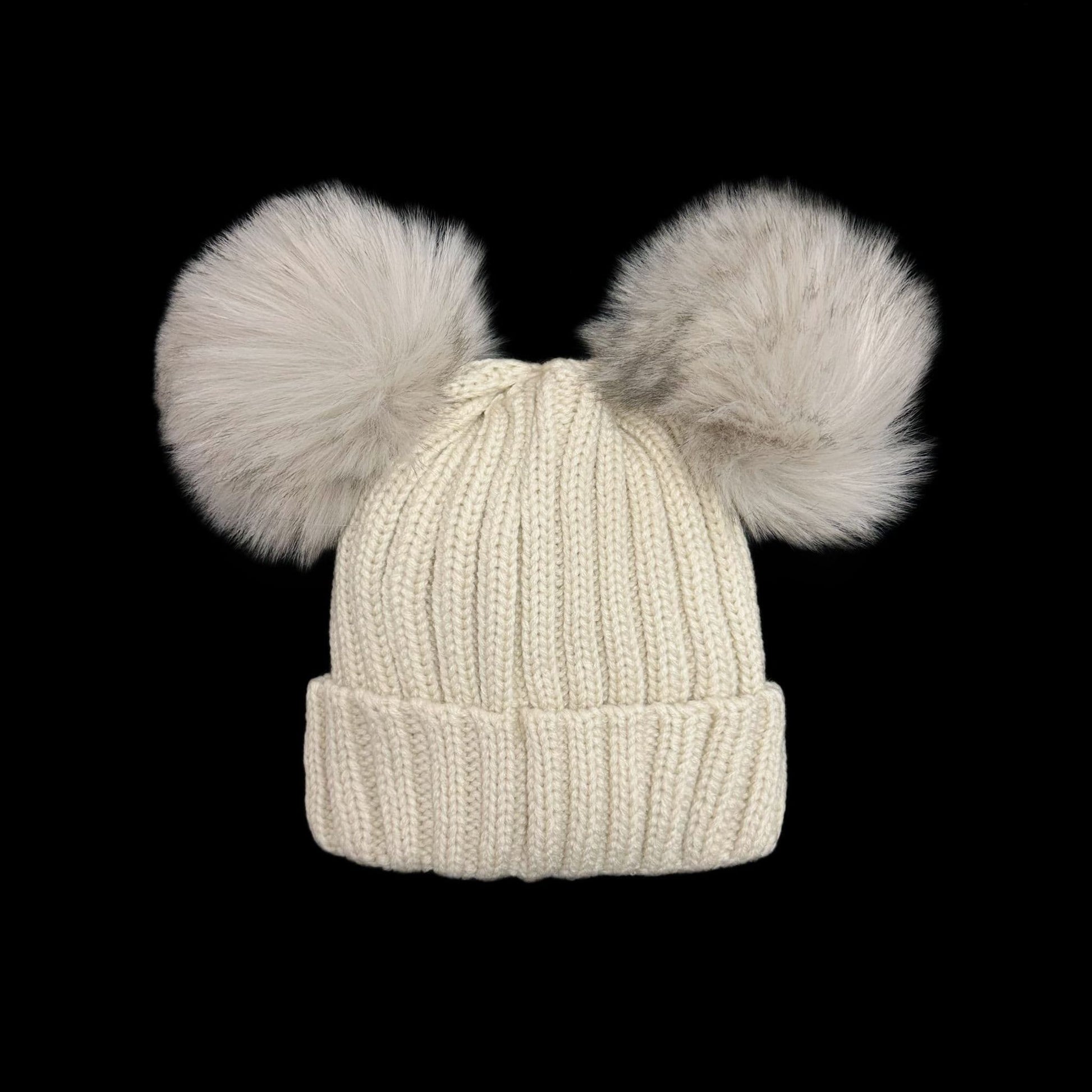 Baby Beige Double Faux Fur Pom Hat Ribbed Knit