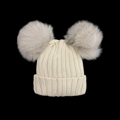 Baby Beige Double Faux Fur Pom Hat Ribbed Knit