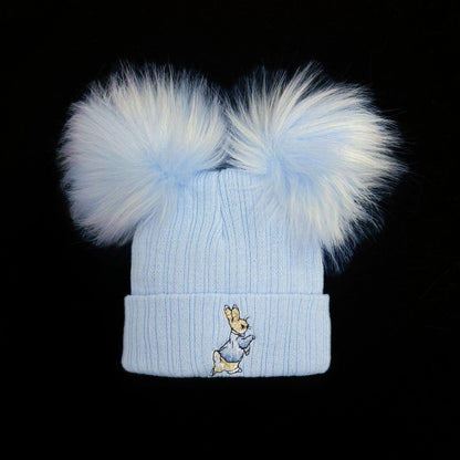 Baby Boys Blue Double Faux Fur Pom Hat Bunny Embroidery