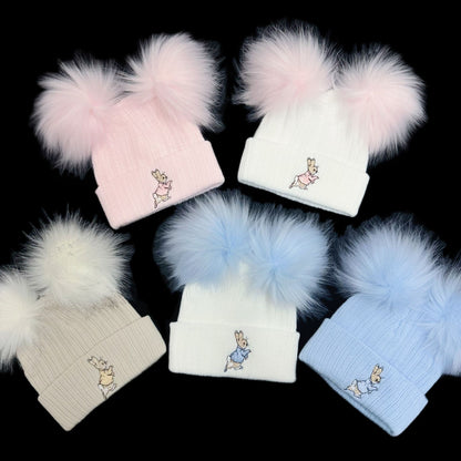 Baby Boys Blue Double Faux Fur Pom Hat Bunny Embroidery