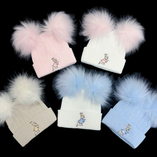 Baby Boys Blue Double Faux Fur Pom Hat Bunny Embroidery