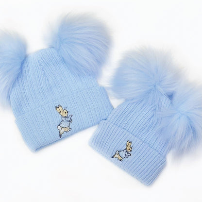 Baby Boys Blue Double Faux Fur Pom Hat Bunny Embroidery