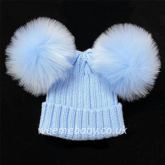 Baby Boys Blue Double Faux Fur Pom Hat