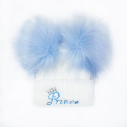 Baby Boys Blue Double Faux Fur Pom Hat Prince Embroidery