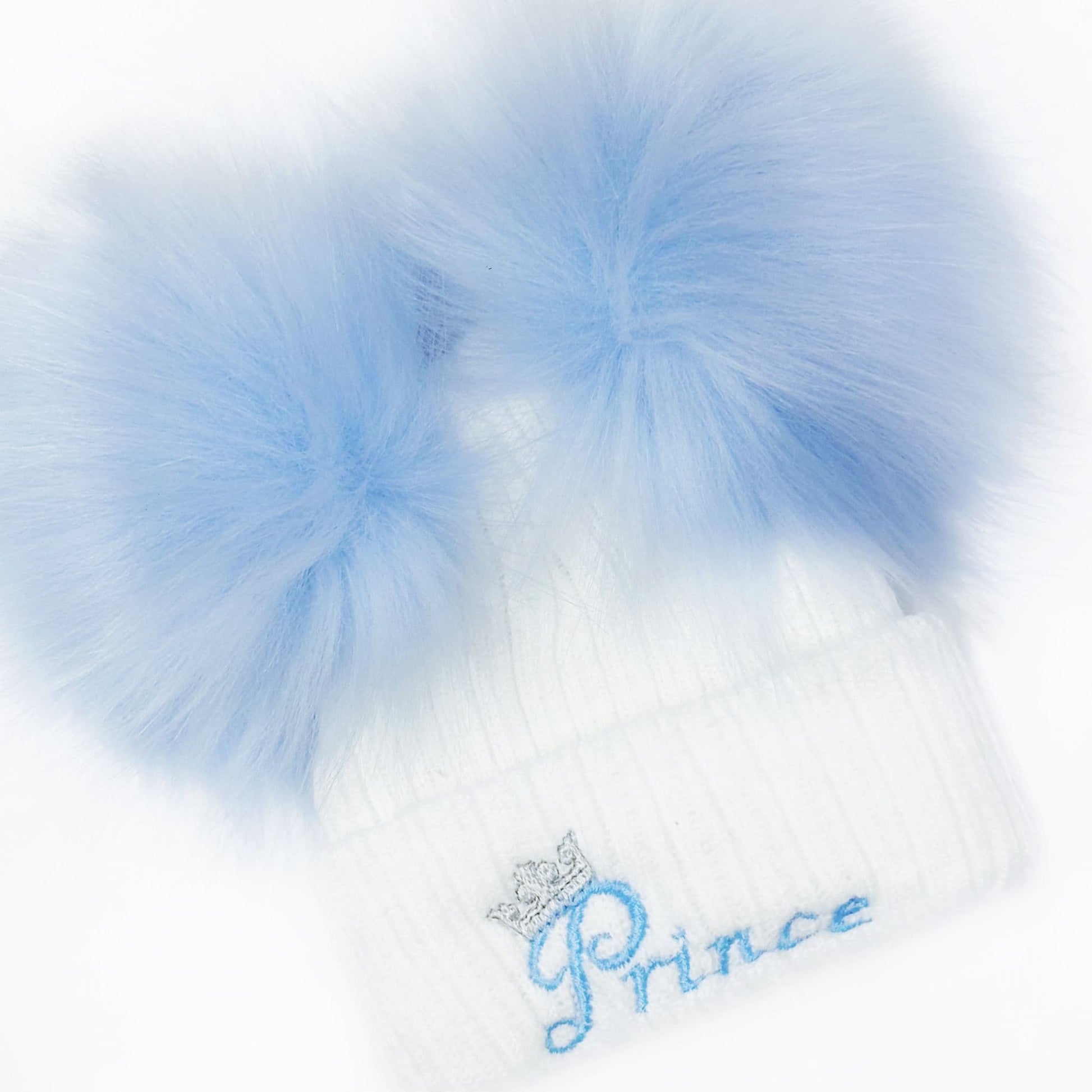 Baby Boys Blue Double Faux Fur Pom Hat Prince Embroidery