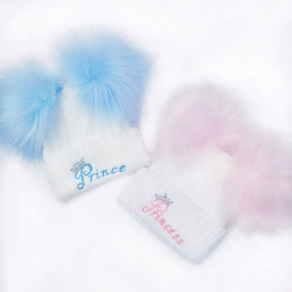 Baby Boys Blue Double Faux Fur Pom Hat Prince Embroidery