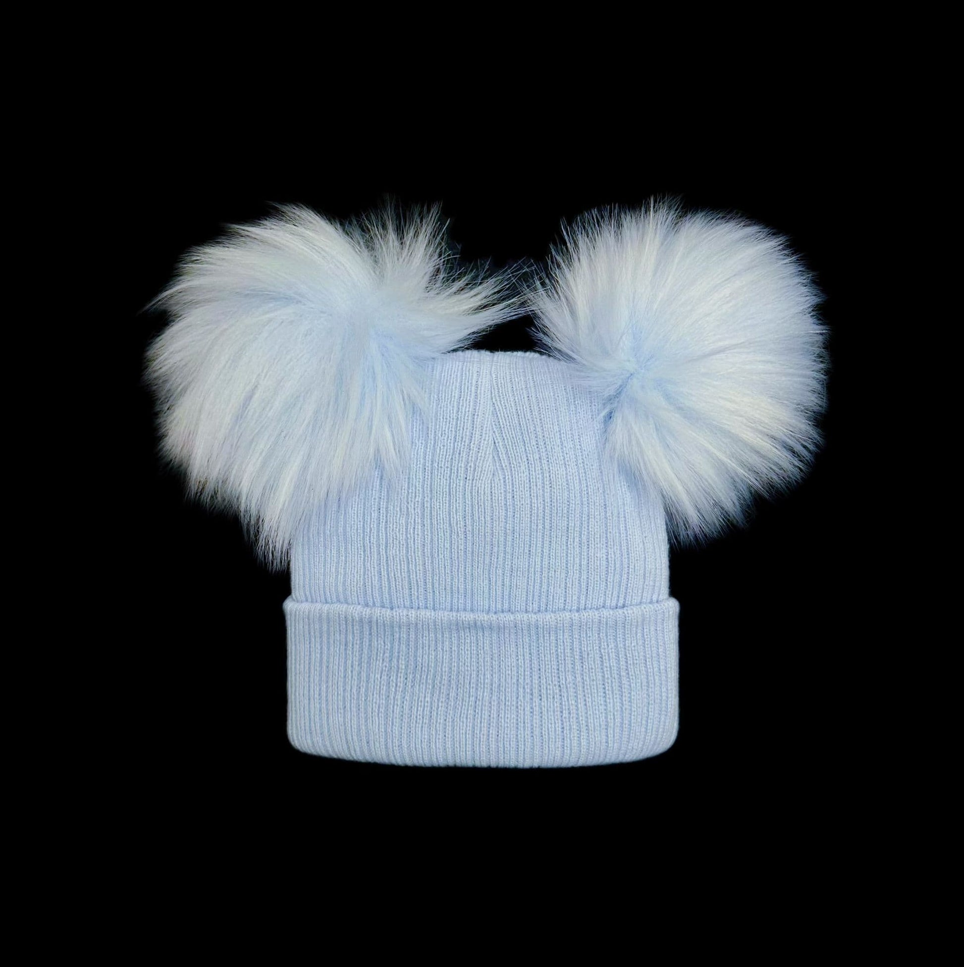 Baby Boys Blue Double Faux Fur Pom Hat Ribbed Knit