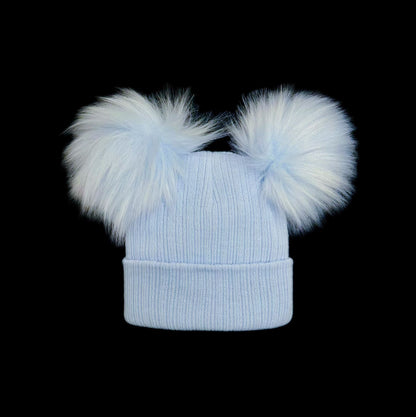 Baby Boys Blue Double Faux Fur Pom Hat Ribbed Knit
