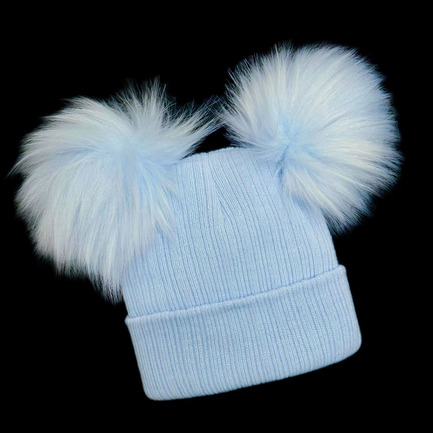 Baby Boys Blue Double Faux Fur Pom Hat Ribbed Knit