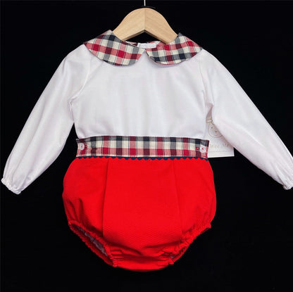 Baby Boy Red Waffle Shorts Set Checked Collar Shirt "MYD861"
