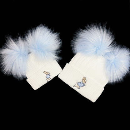 Baby Boys White with Blue Double Faux Fur Pom Hat Bunny Embroidery