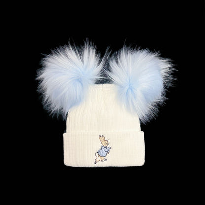 Baby Boys White with Blue Double Faux Fur Pom Hat Bunny Embroidery