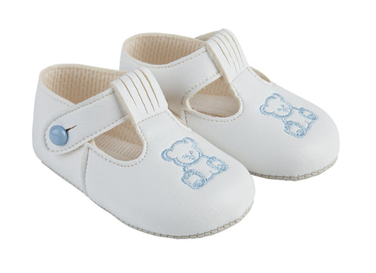 Baby Boys Embroidered Teddy Button Bar Patent Pram Shoes "B117 White Blue"
