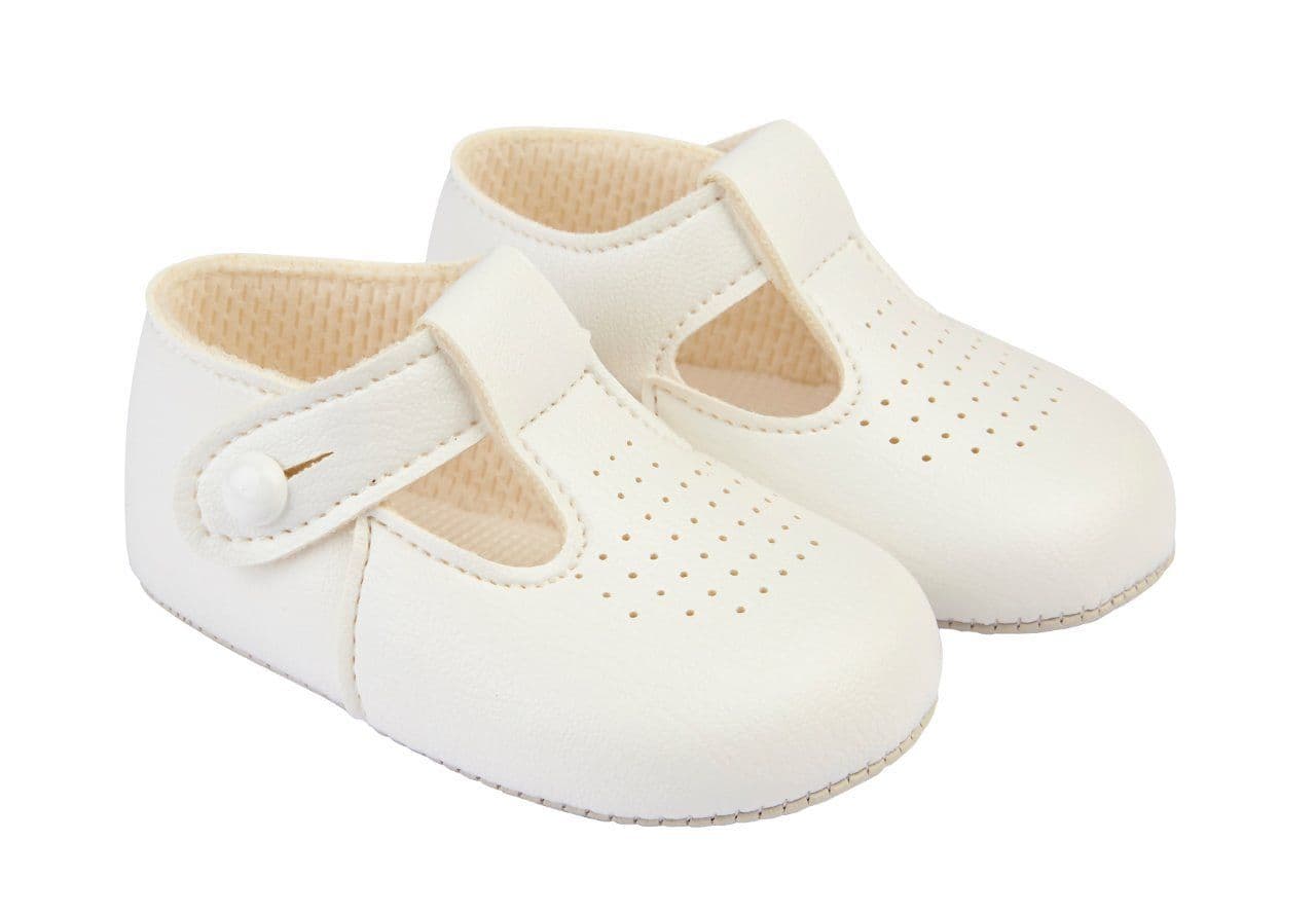 Baby Boys T-Bar & Punch Detail Patent Pram Shoes "B625 White"