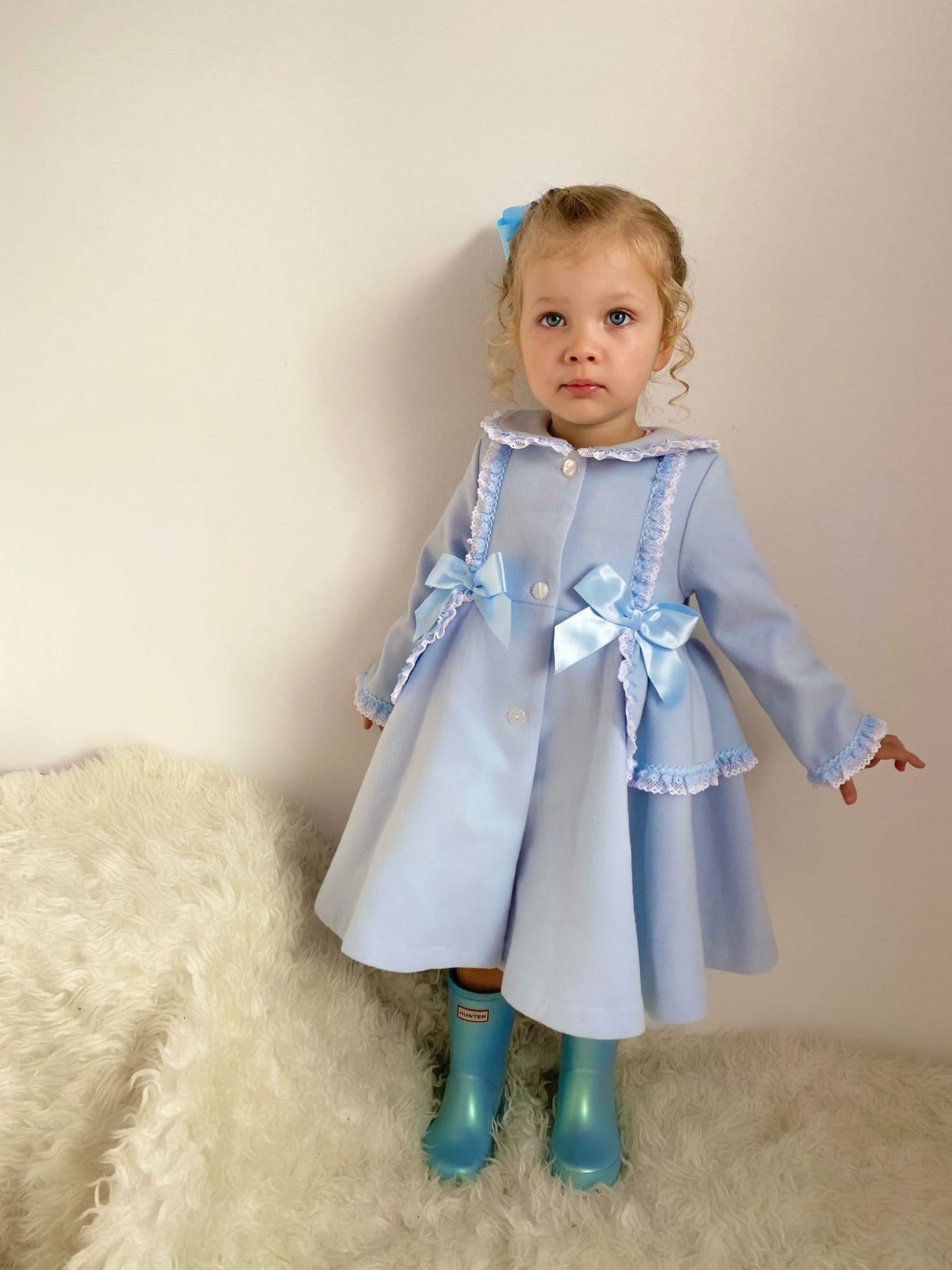 Baby Girl Blue Puff Ball Winter Coat Wool Like Fabric "MYD883"