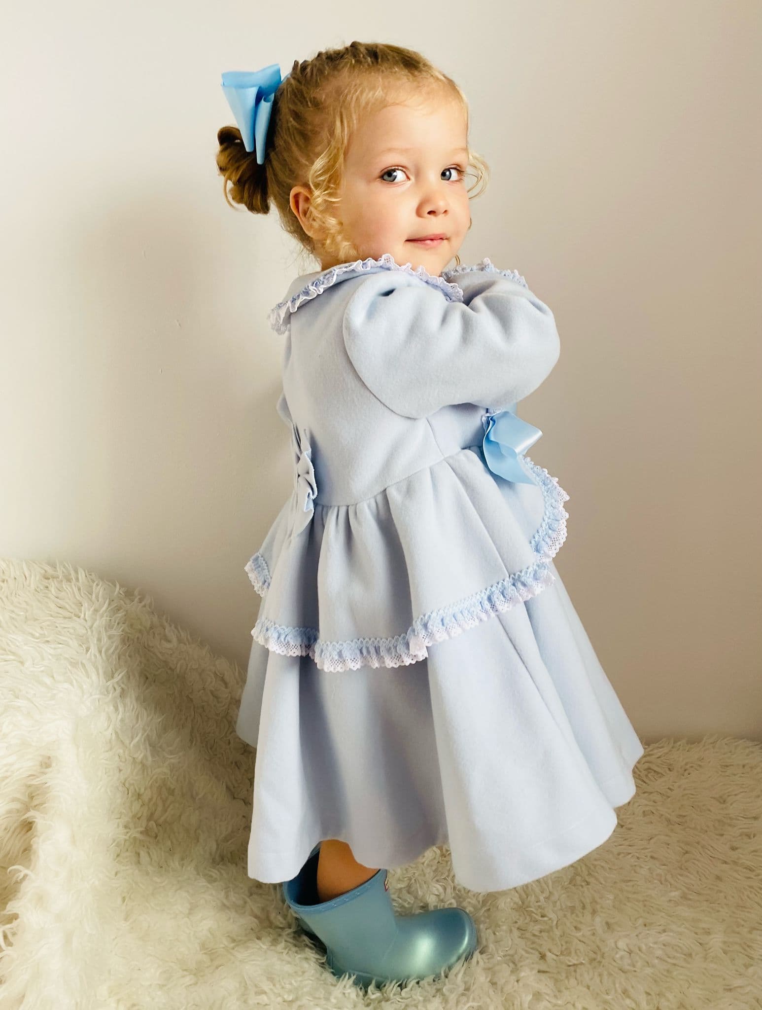 Baby Girl Blue Puff Ball Winter Coat Wool Like Fabric "MYD883"