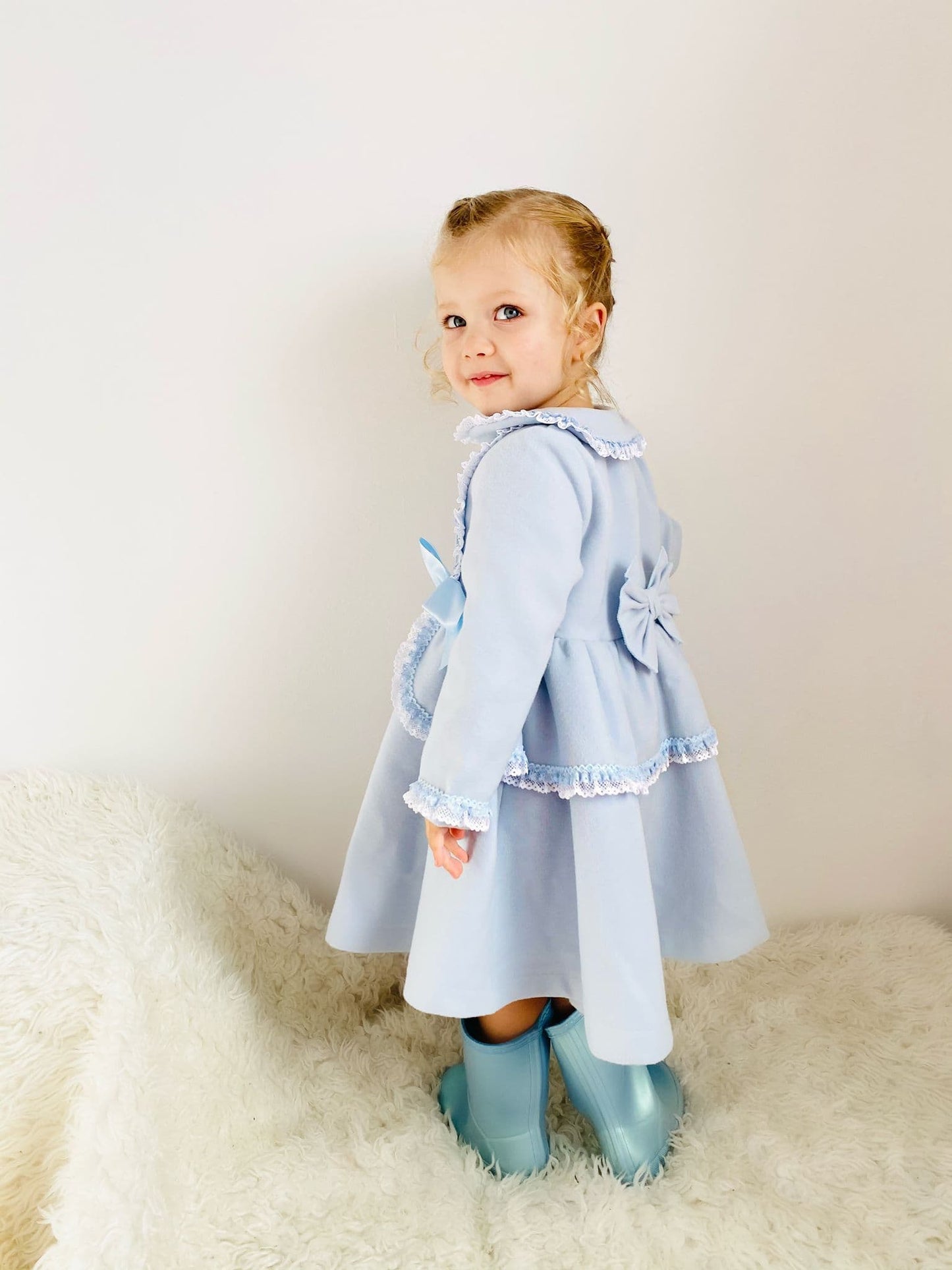 Baby Girl Blue Puff Ball Winter Coat Wool Like Fabric "MYD883"