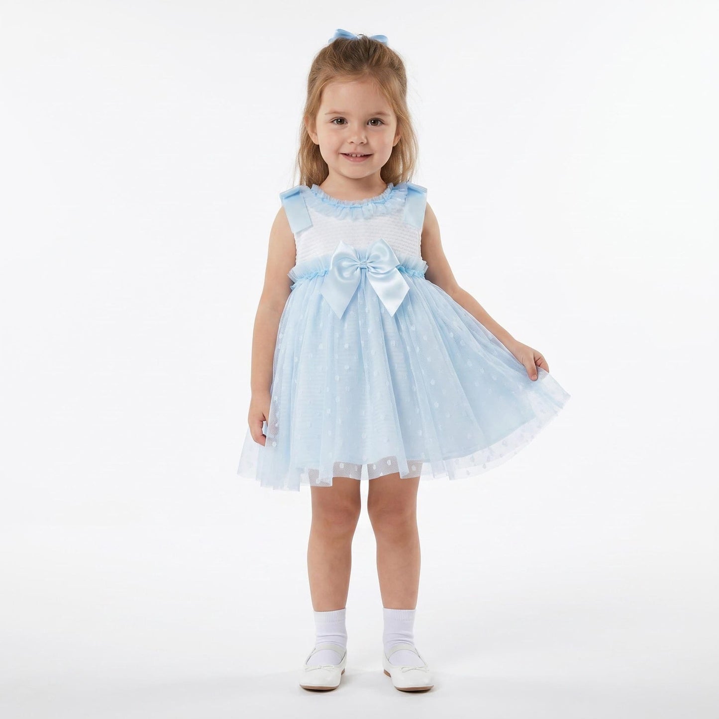 Baby Girl Blue Tulle Mesh Dress Satin Bow "2508 Blue"