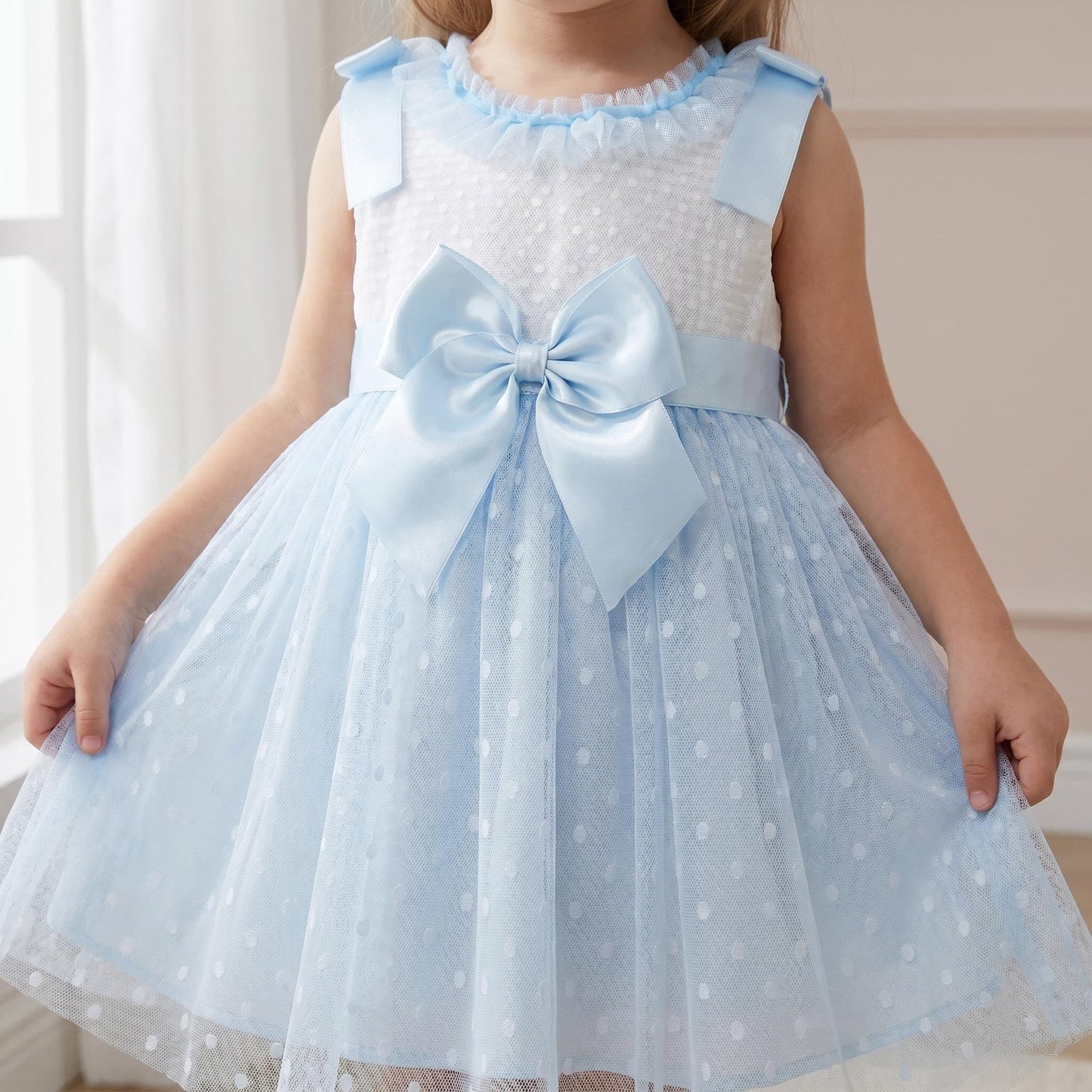 Baby Girl Blue Tulle Mesh Dress Satin Bow "2508 Blue"
