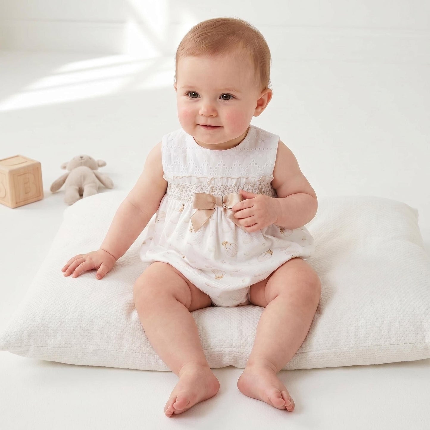 Baby Girl Camel Teddy Print Smocked Romper "MYD26037"