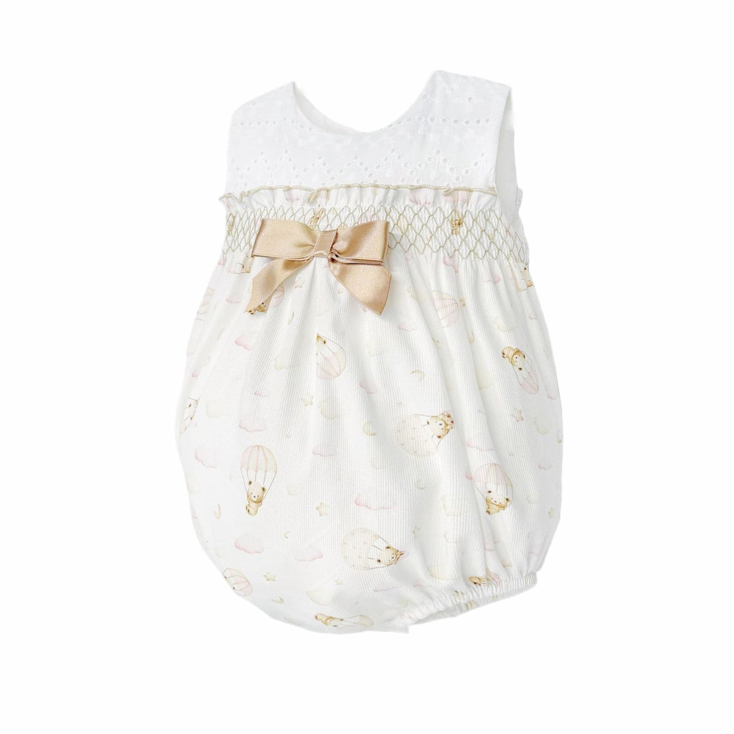 Baby Girl Camel Teddy Print Smocked Romper "MYD26037"