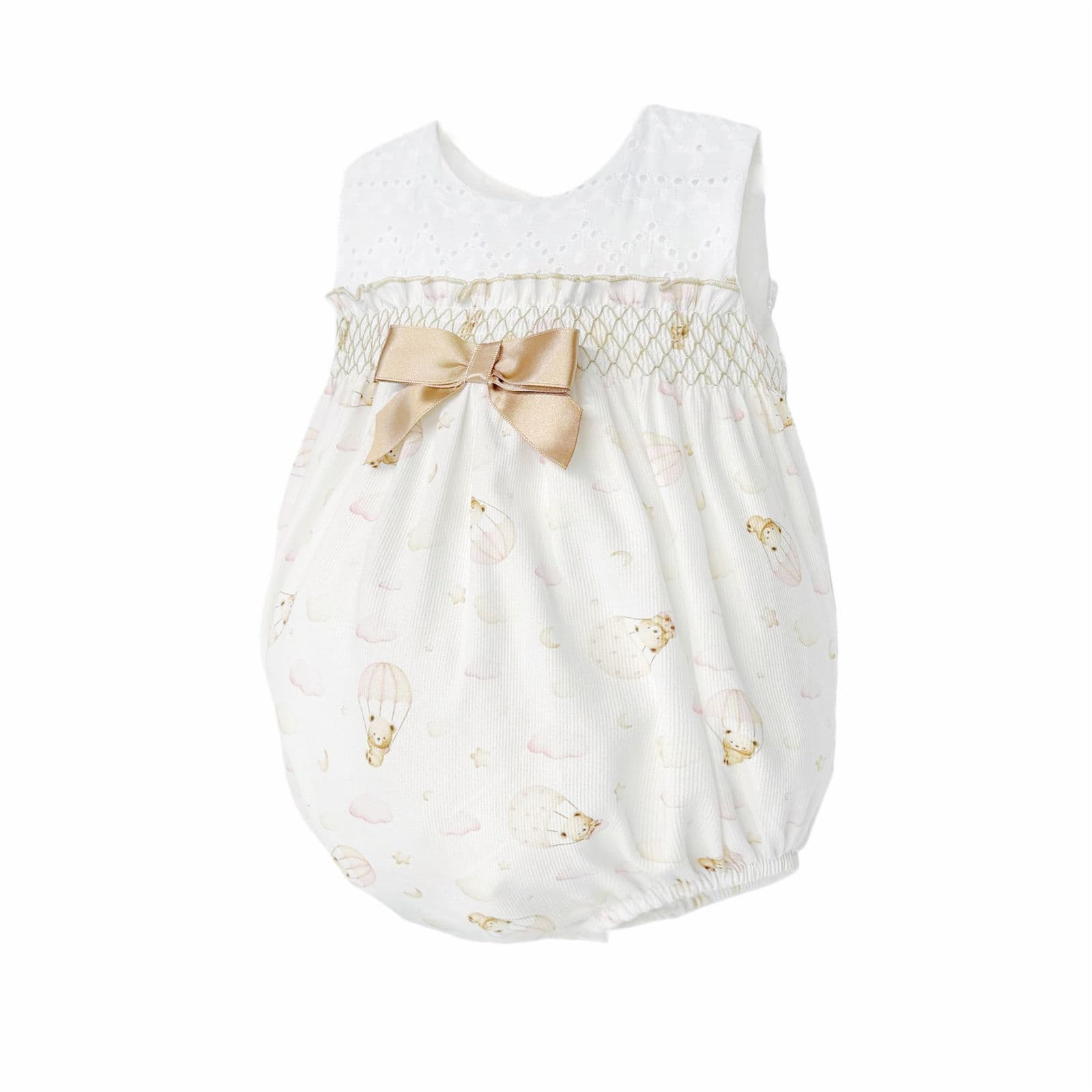 Baby Girl Camel Teddy Print Smocked Romper "MYD26037"