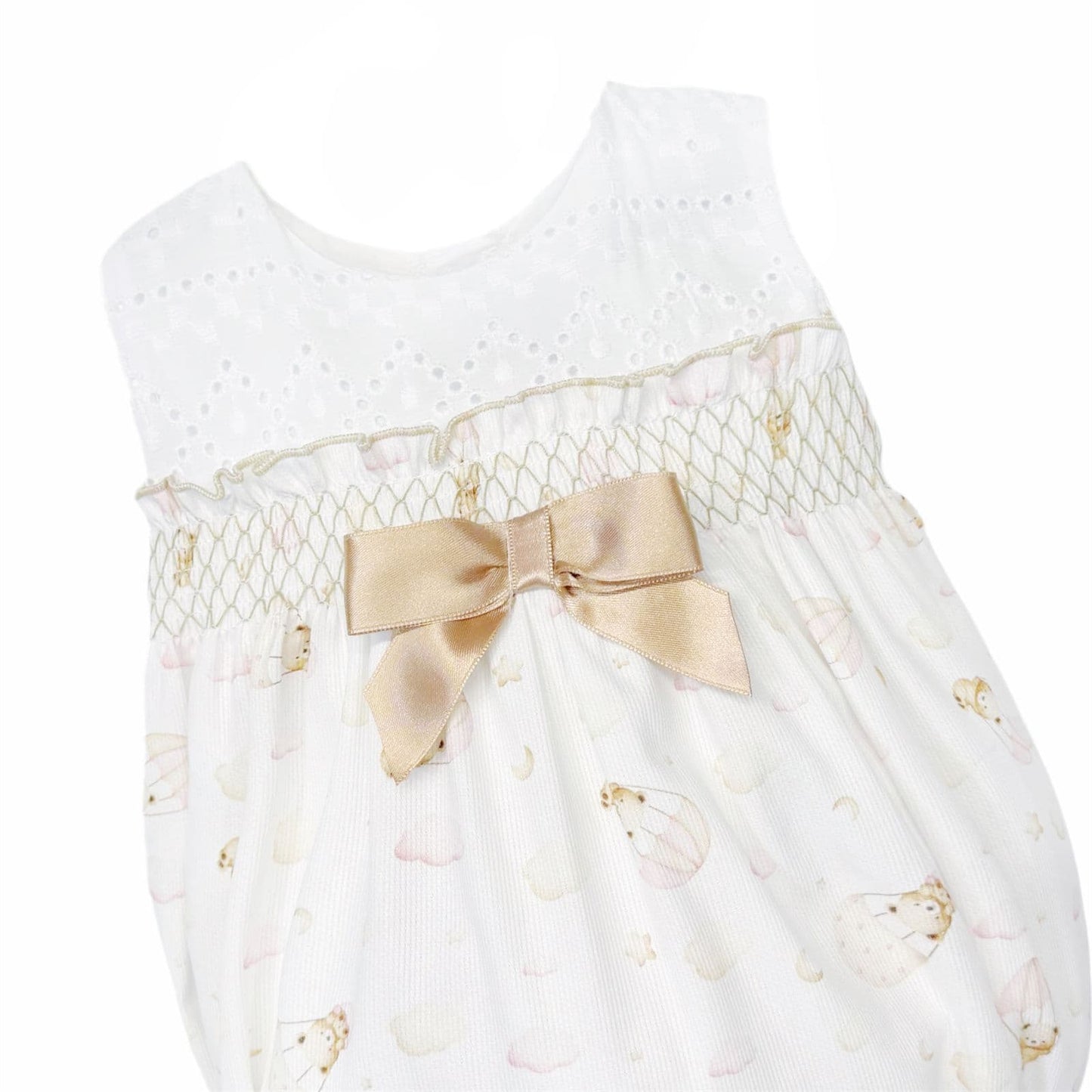 Baby Girl Camel Teddy Print Smocked Romper "MYD26037"