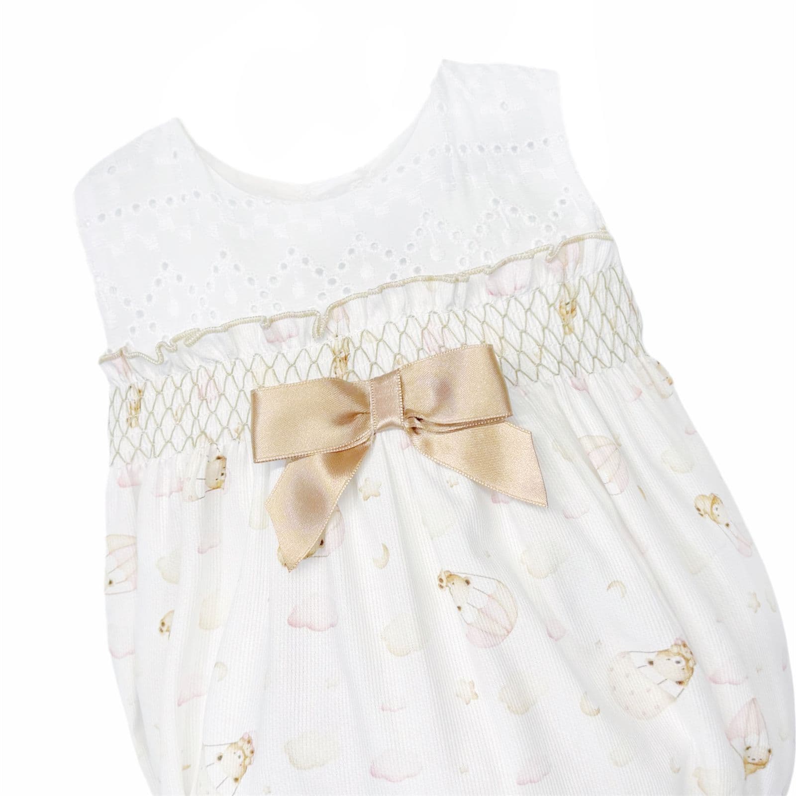 Baby Girl Camel Teddy Print Smocked Romper "MYD26037"