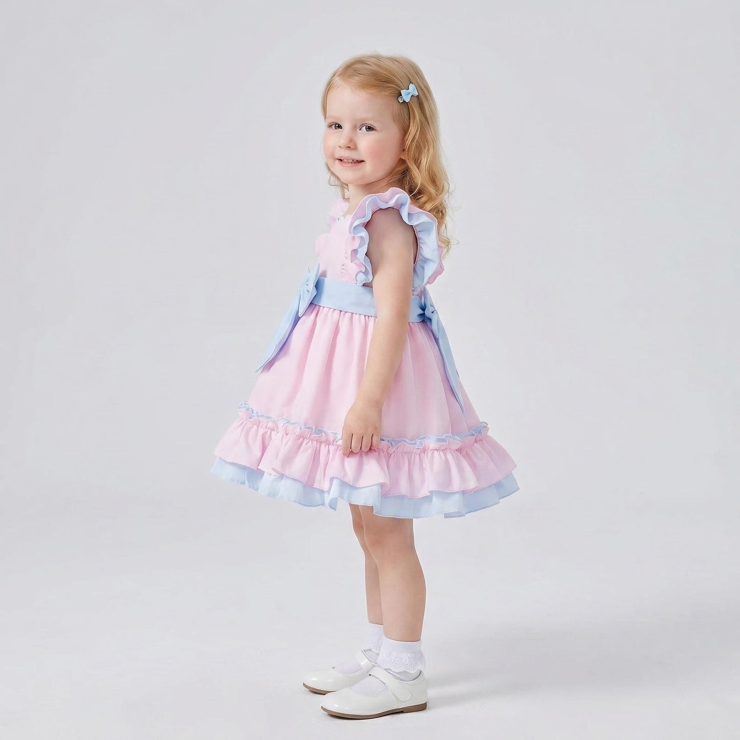 Baby Girl Cotton Pink with Blue Puff Ball Dress "2614"