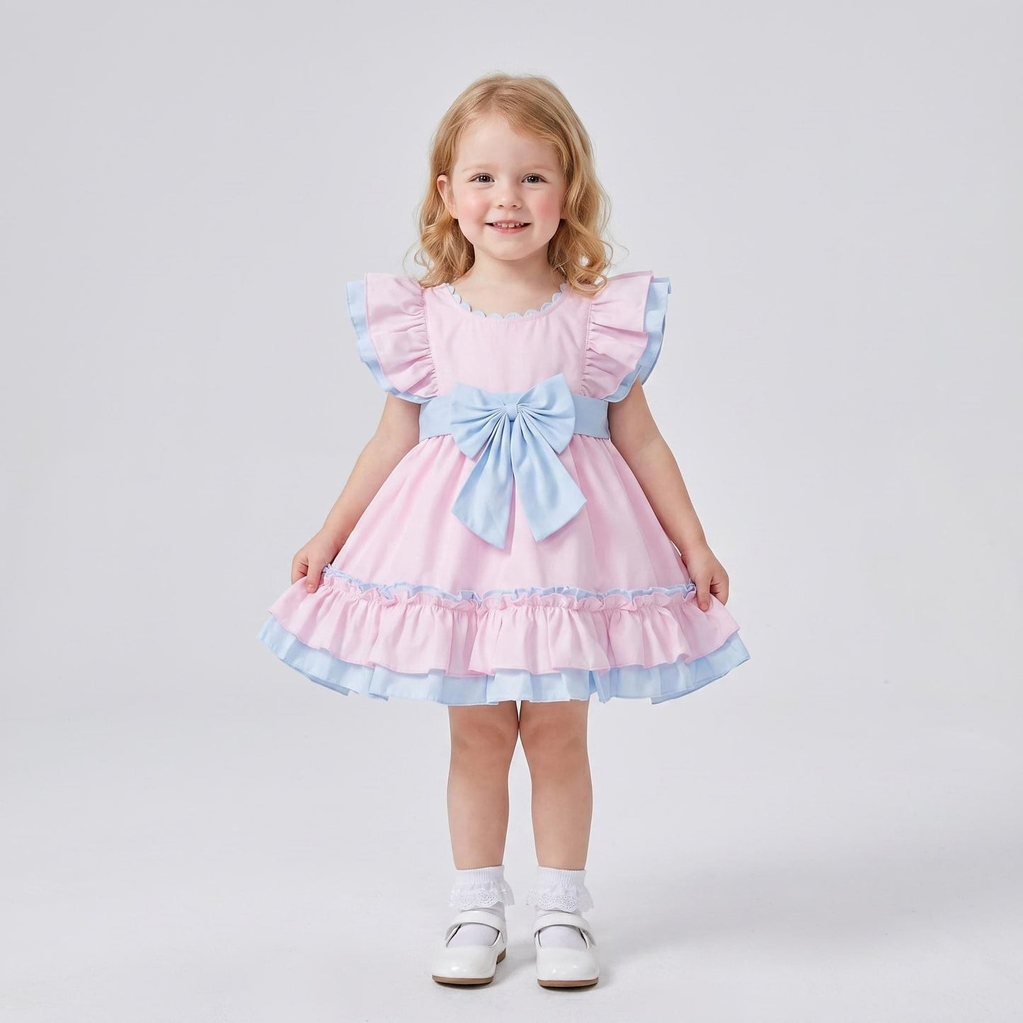 Baby Girl Cotton Pink with Blue Puff Ball Dress "2614"