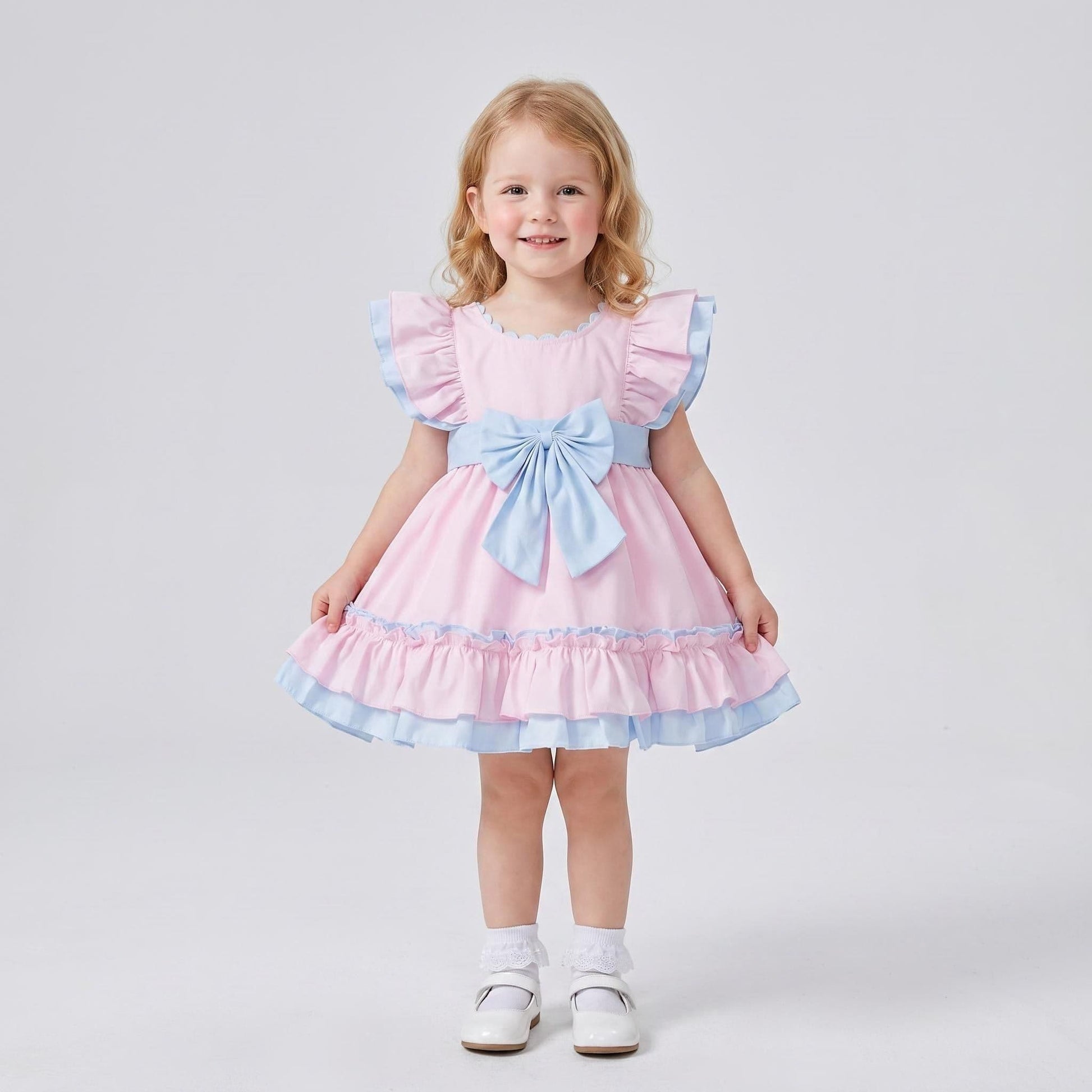 Baby Girl Cotton Pink with Blue Puff Ball Dress "2614"